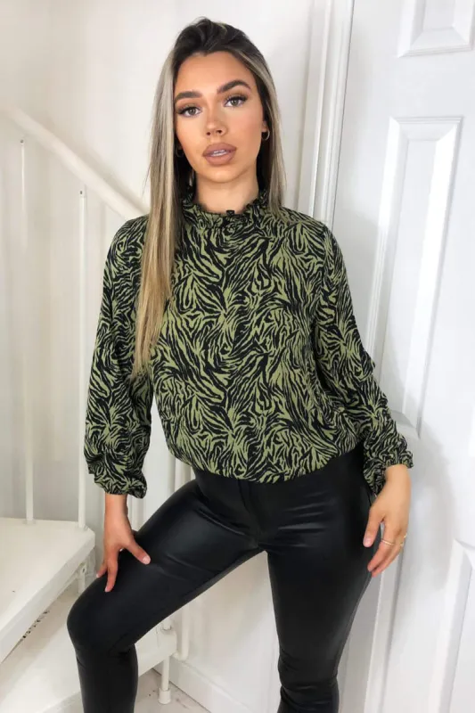 Khaki Animal Print Frill Neck Top sold by AX Paris