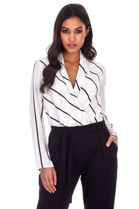 Cream Striped Plunge Bodysuit sold by AX Paris