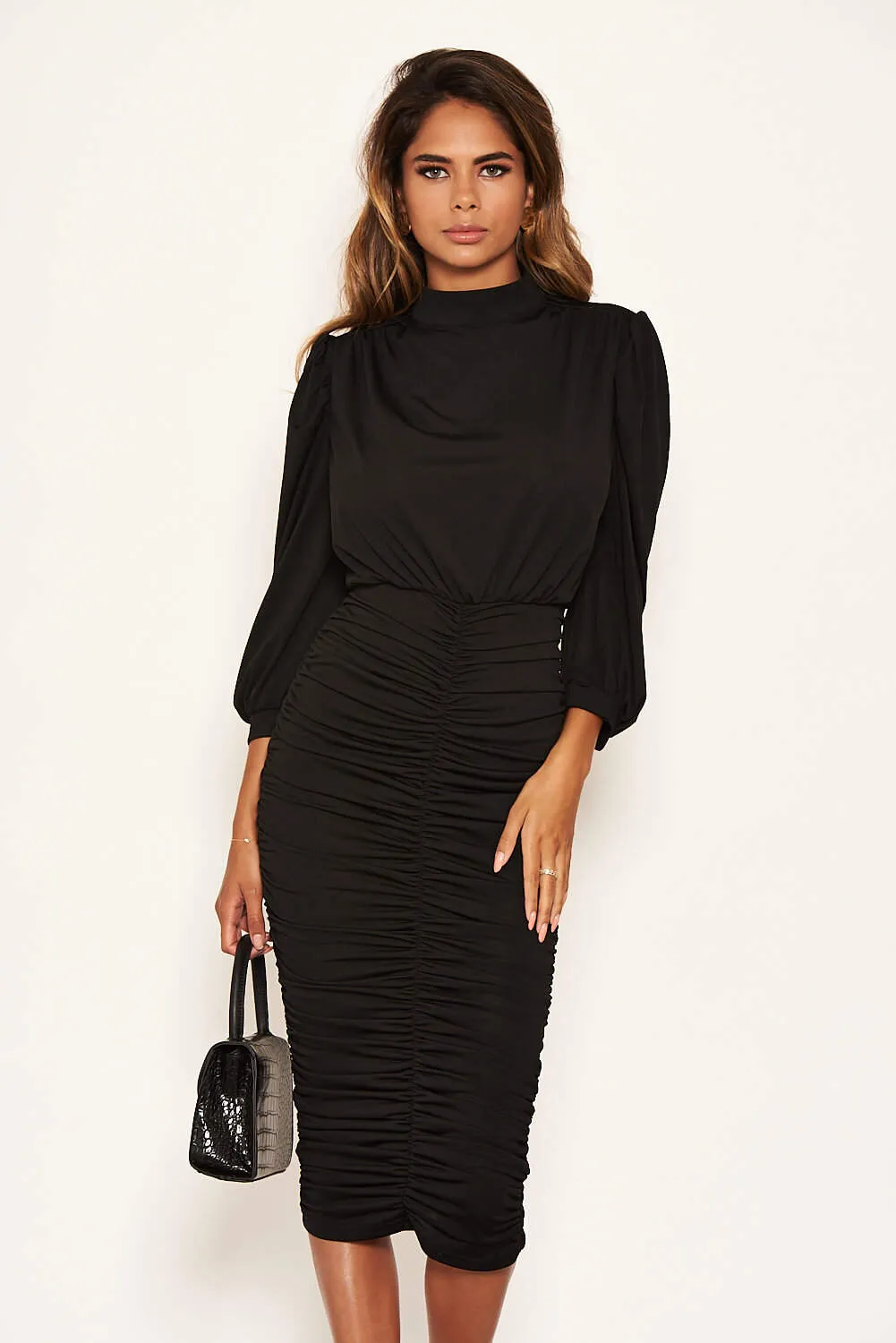Black High Neck Ruched Midi Dress sold by AX Paris product image thumbnail 4