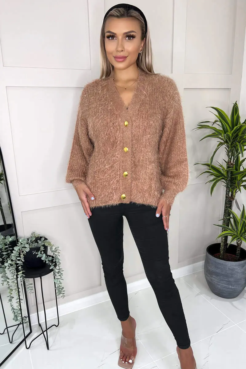 Camel Fluffy Knit Button Front Cropped Cardigan sold by AX Paris product image thumbnail 3