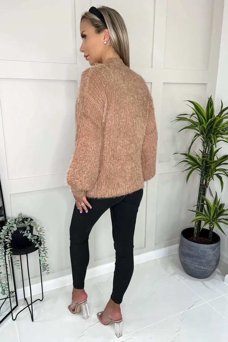 Camel Fluffy Knit Button Front Cropped Cardigan sold by AX Paris product image thumbnail 4