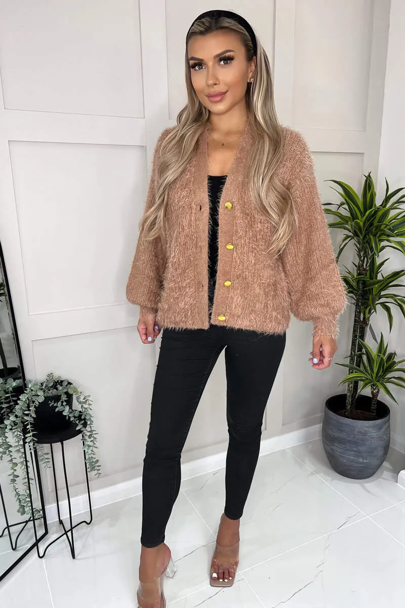 Camel Fluffy Knit Button Front Cropped Cardigan sold by AX Paris
