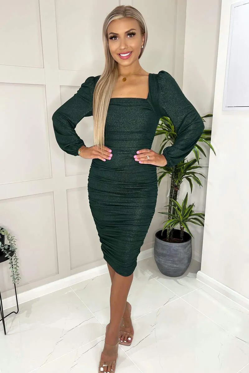 Teal Square Neck Long Sleeve Ruched Shimmer Midi Dress sold by AX Paris product image thumbnail 2