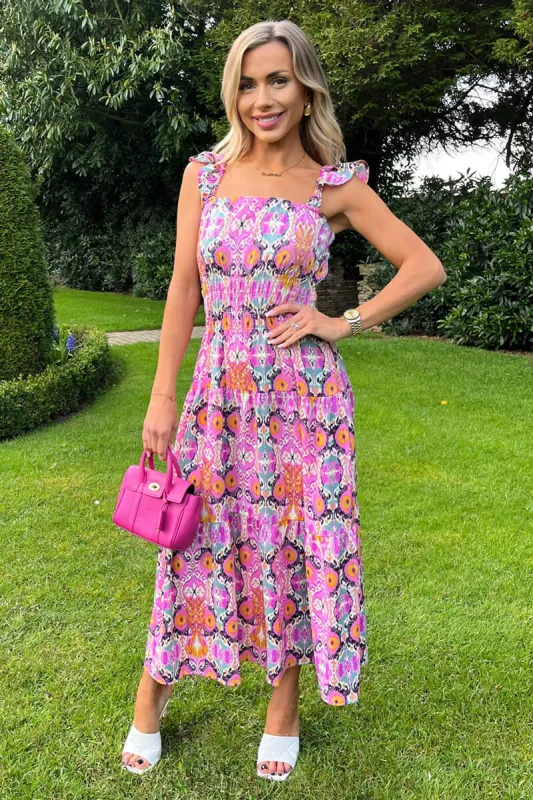 Multi Abstract Printed Frill Strap Midi Dress sold by AX Paris