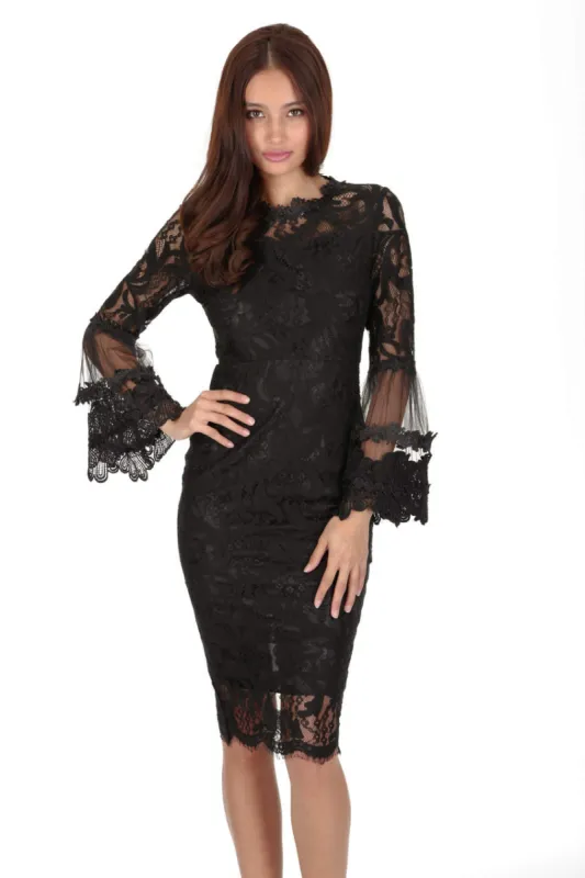Black Lace Frill Sleeve Midi Dress sold by AX Paris