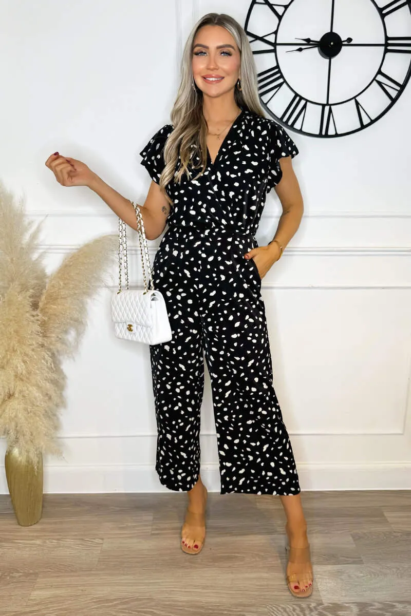 Black Printed Wrap Short Frill Sleeved Jumpsuit sold by AX Paris product image thumbnail 2