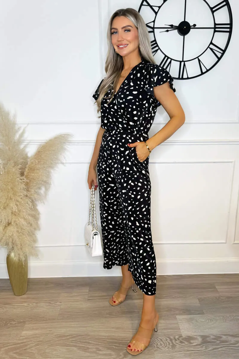 Black Printed Wrap Short Frill Sleeved Jumpsuit sold by AX Paris product image thumbnail 3