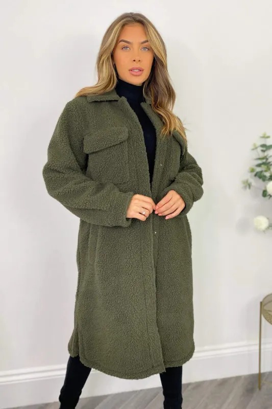 Khaki Oversized Teddy Faux Fur Front Pocket Coat sold by AX Paris