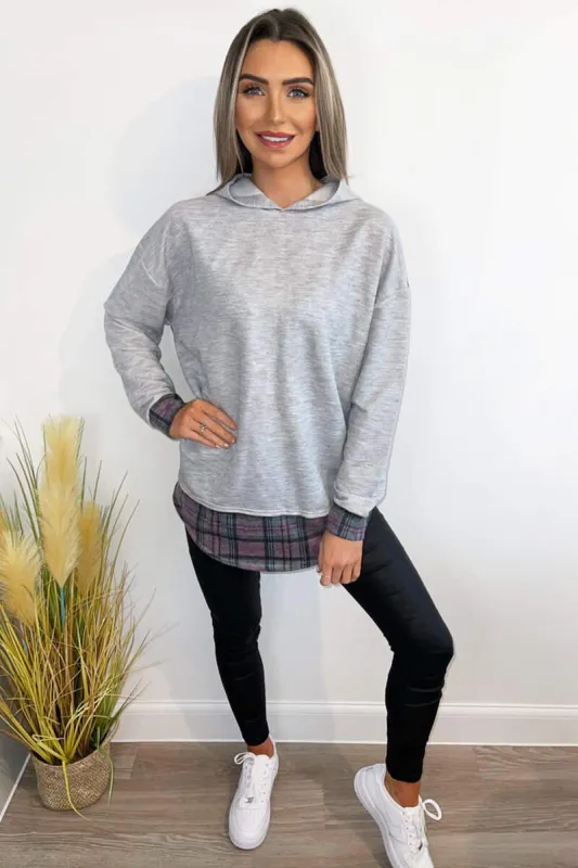 Grey Soft Touch Pink Checked Back Hoodie sold by AX Paris