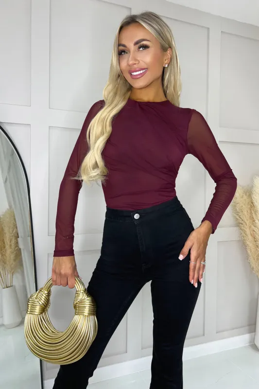 Plum Long Sleeve Pleat Detail Mesh Bodysuit sold by AX Paris