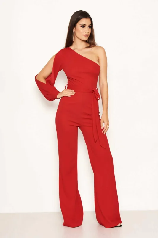 Red One Shoulder Split Sleeve Jumpsuit sold by AX Paris