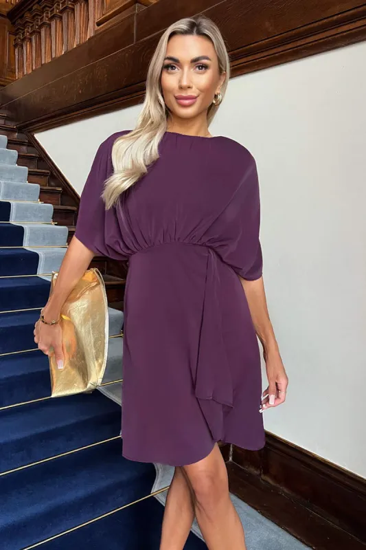 Wine Batwing Gathered Top Mini Dress sold by AX Paris