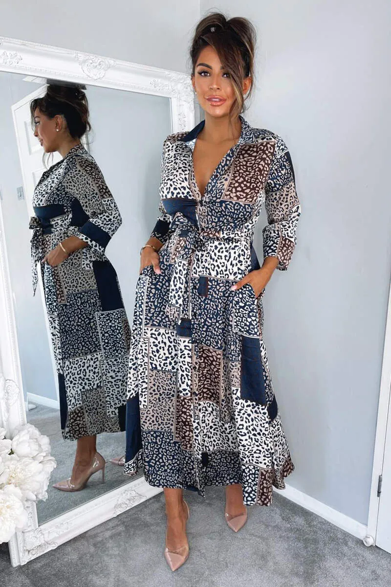 Navy Animal Print Button Up Midi Dress sold by AX Paris