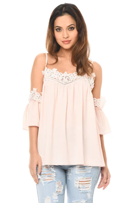 Pink Cold Shoulder Lace Detail Top sold by AX Paris