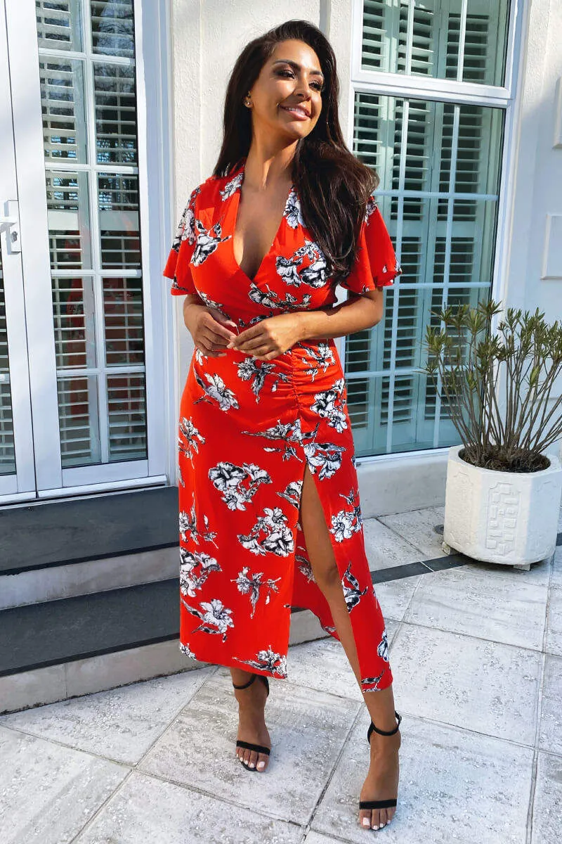 Red Floral Print Bell Sleeve Midi Dress sold by AX Paris product image thumbnail 2