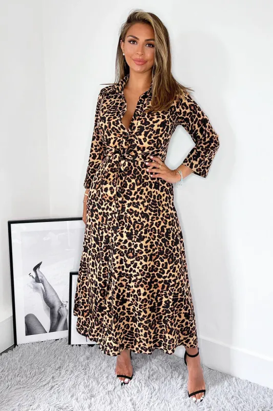 Brown Animal Print Tie Waist Midi Shirt Dress sold by AX Paris