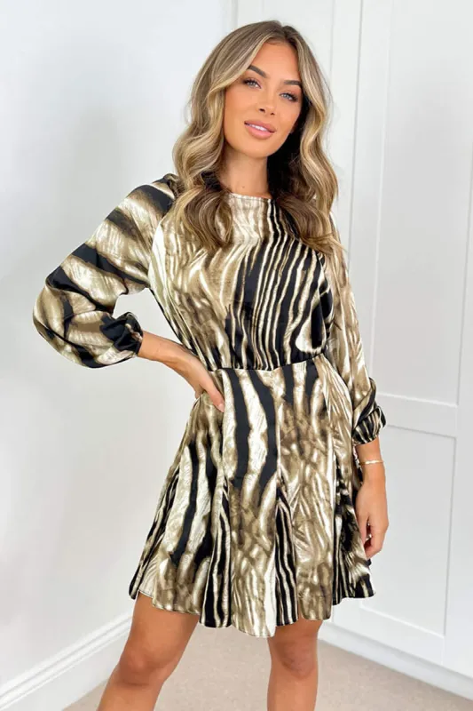 Brown Printed Long Sleeve Mini Skater Dress sold by AX Paris