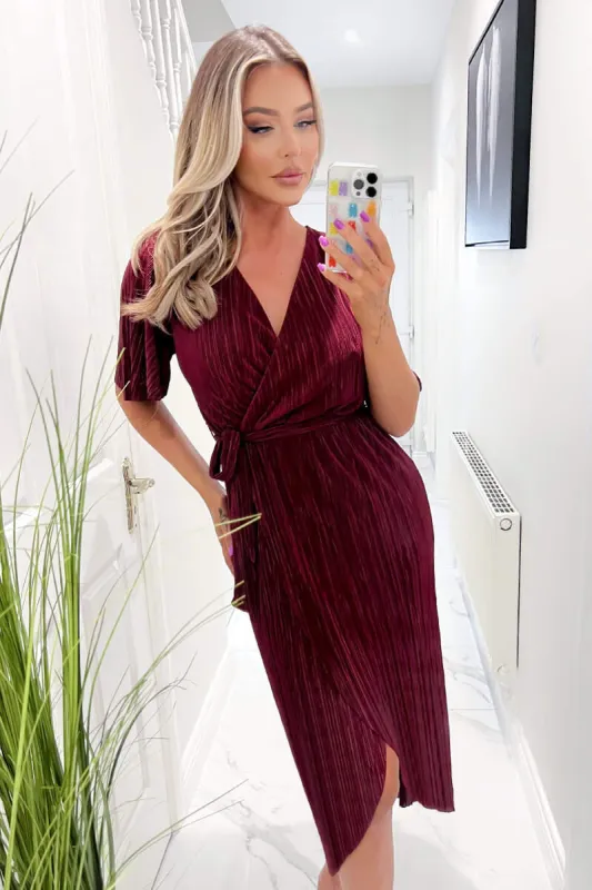 Wine Wrap Top Belted Short Sleeve Plisse Midi Dress sold by AX Paris
