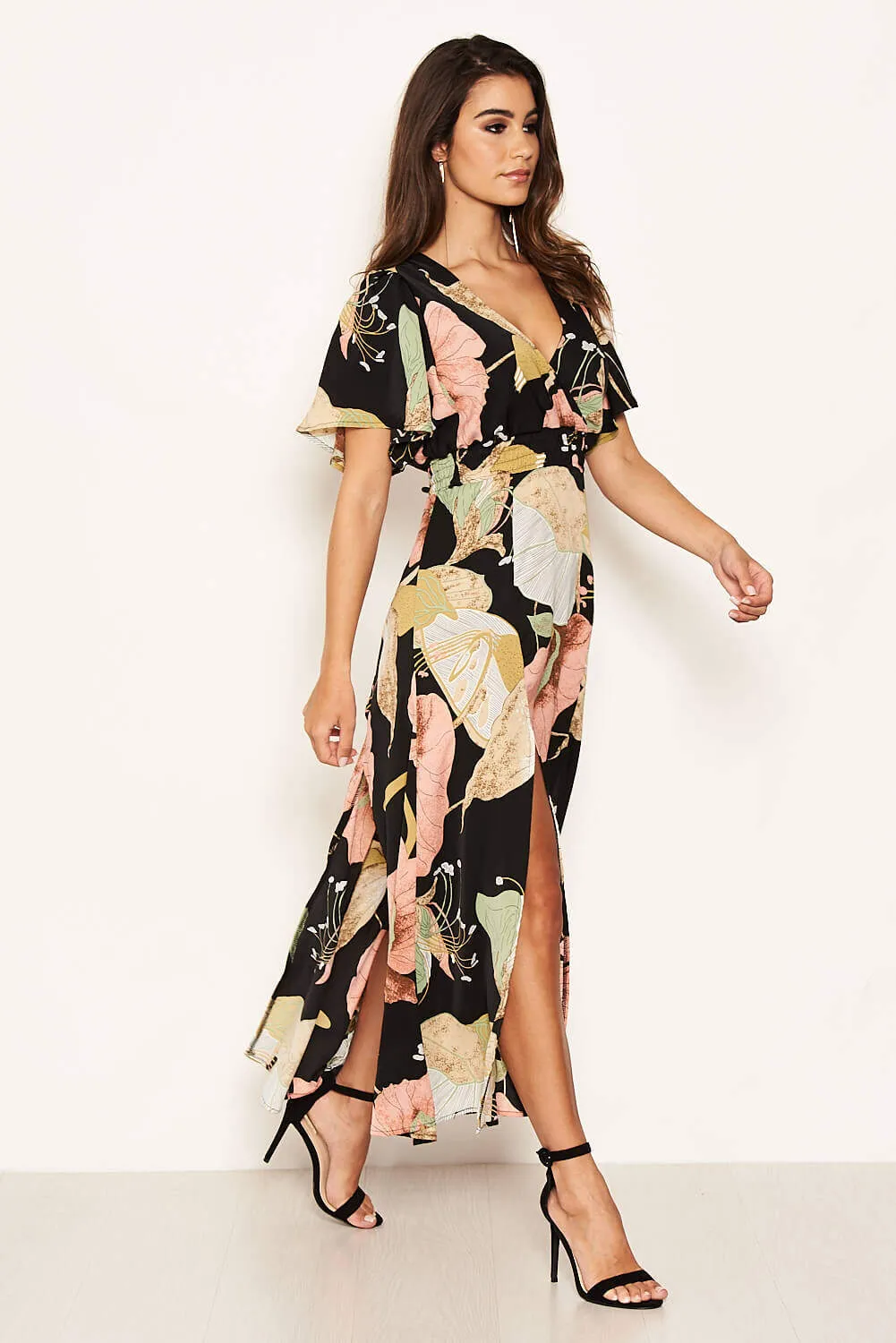 Black Gathered Waist Floral Split Maxi Dress sold by AX Paris product image thumbnail 5