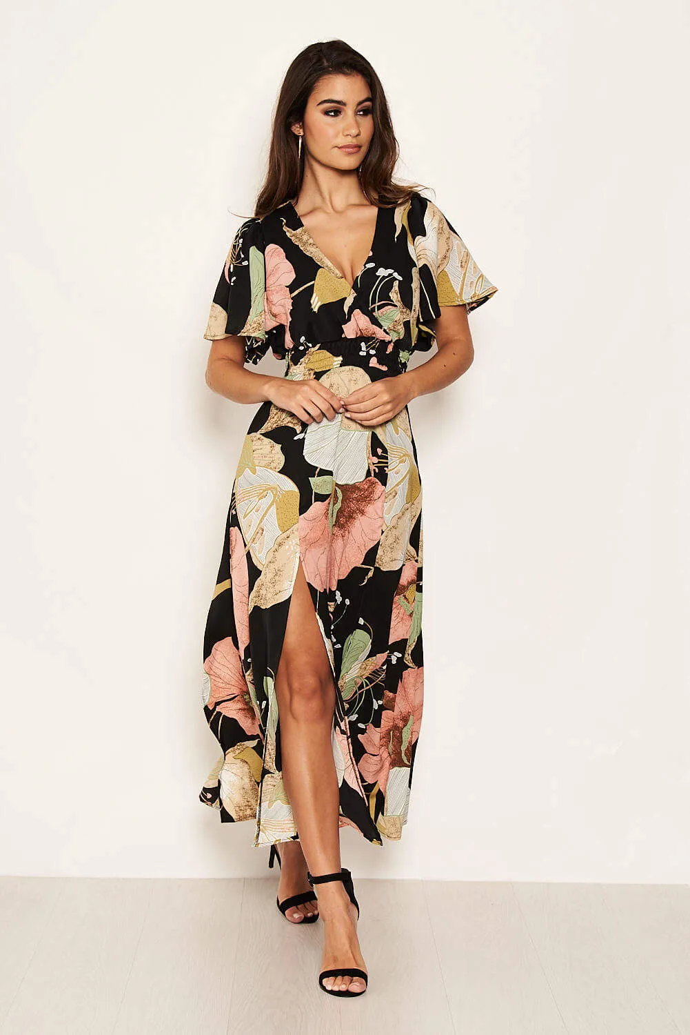 Black Gathered Waist Floral Split Maxi Dress sold by AX Paris product image thumbnail 2