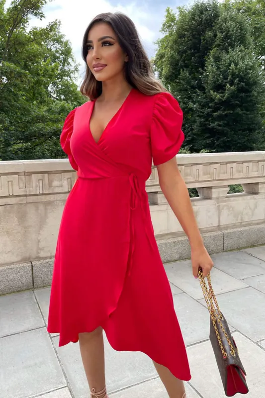 Red Wrap Over Tie Midi Dress sold by AX Paris