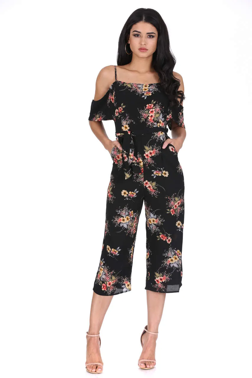 Black Floral Cold Shoulder Jumpsuit sold by AX Paris