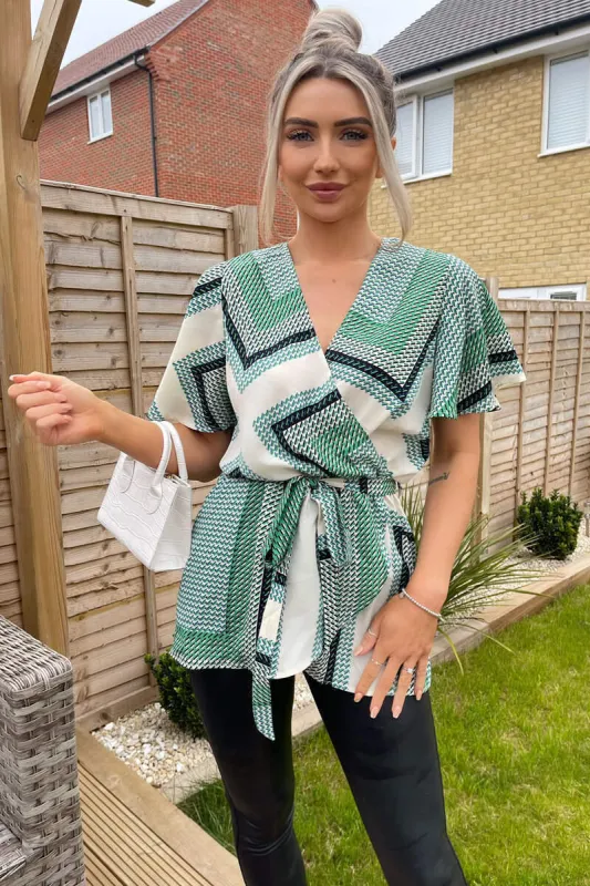 Green Printed Wrap Short Sleeve Belted Top sold by AX Paris