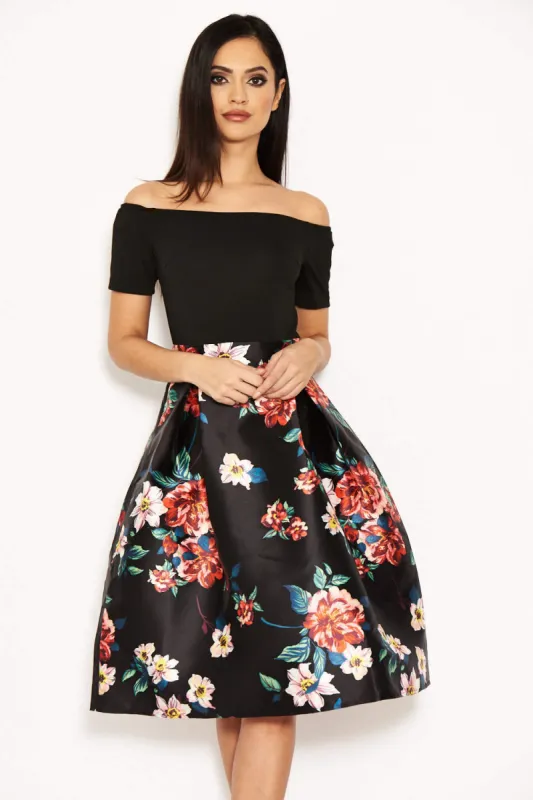 Black Floral 2 in 1 Skater Midi Dress sold by AX Paris