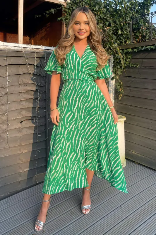 Green And White Animal Print Double Slit Midi Dress sold by AX Paris