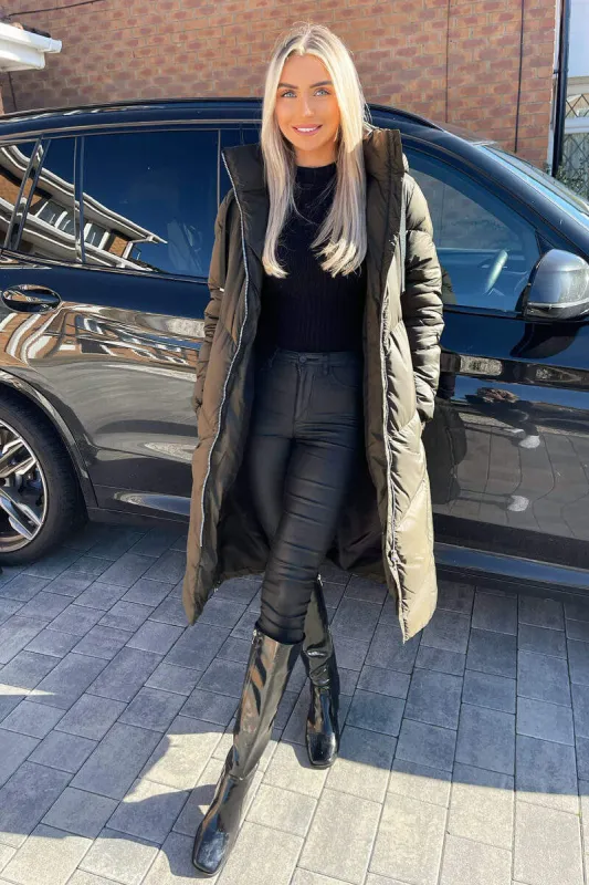 Khaki Long Puffer Coat sold by AX Paris
