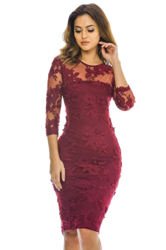 Wine Midi Floral Dress with Lace Detail sold by AX Paris