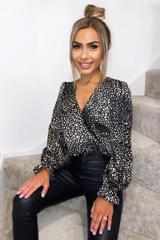 Black Leopard Print Wrap Over Bodysuit sold by AX Paris