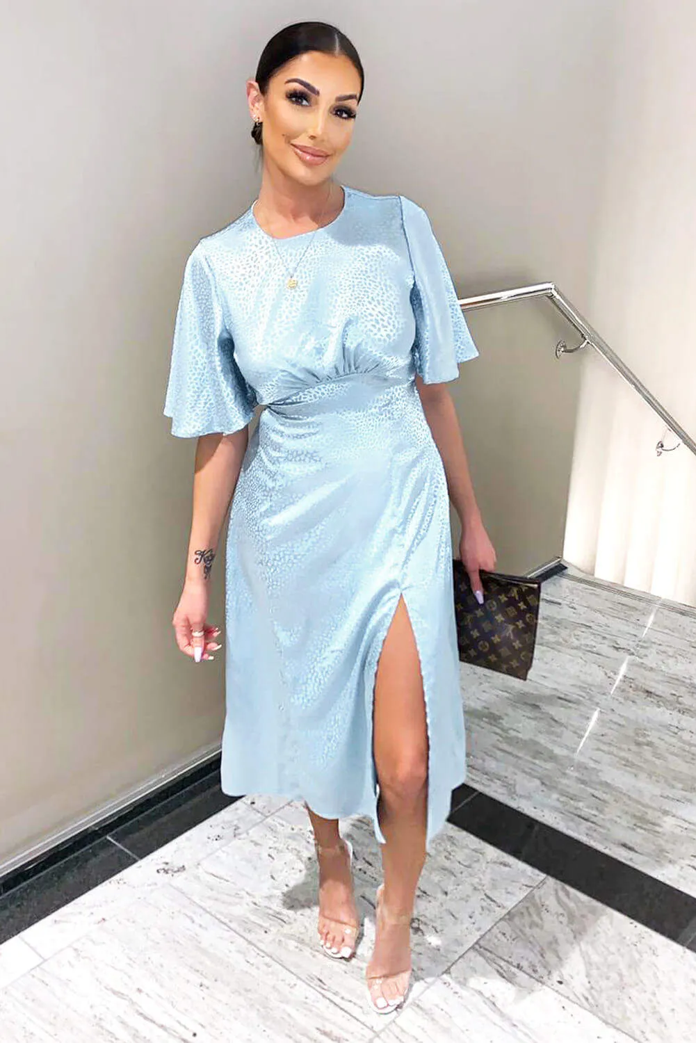 Blue Printed Satin Midi Dress sold by AX Paris