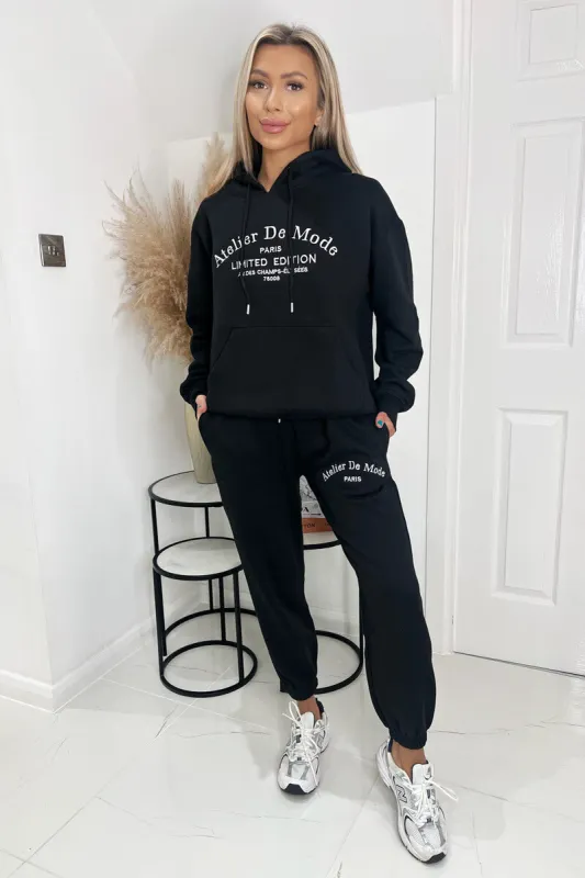 Black Atelier Embroidered Slogan Hoodie Lounge Set sold by AX Paris