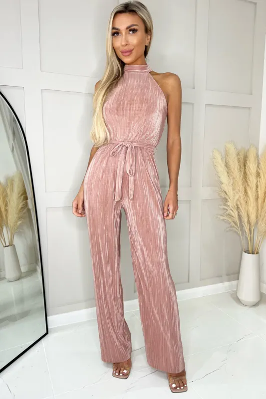 Champagne Halter Neck Plisse Jumpsuit sold by AX Paris