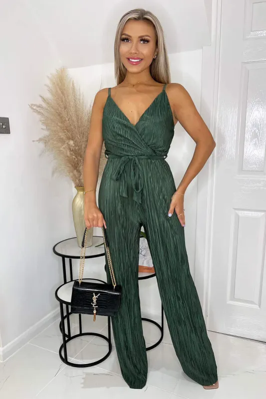 Khaki Wrap Top Tie Waist Full Length Plisse Jumpsuit sold by AX Paris