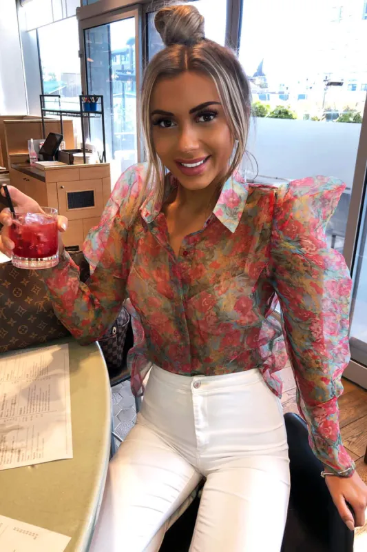 Red Floral Chiffon Puff Sleeve Shirt sold by AX Paris