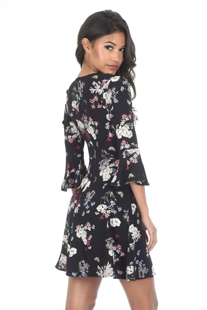 Black Floral Bell Sleeve Wrap Dress sold by AX Paris product image thumbnail 3