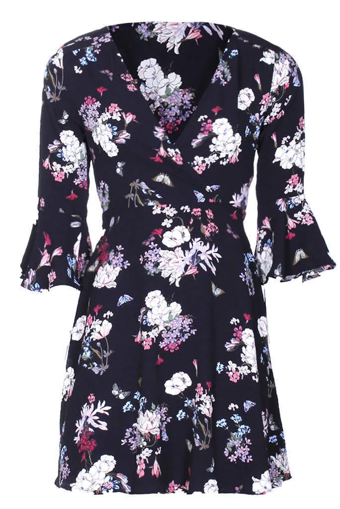Black Floral Bell Sleeve Wrap Dress sold by AX Paris product image thumbnail 4