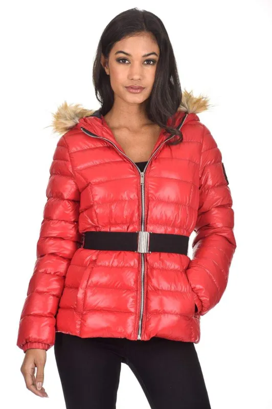 Red Wet Look Puffer Coat sold by AX Paris