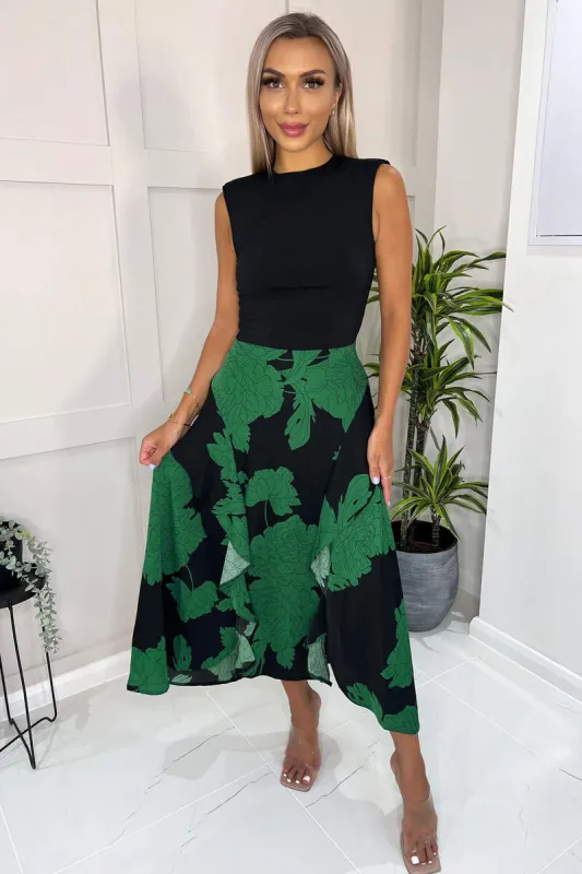 Green And Black Floral Print 2 in 1 Midi Dress sold by AX Paris