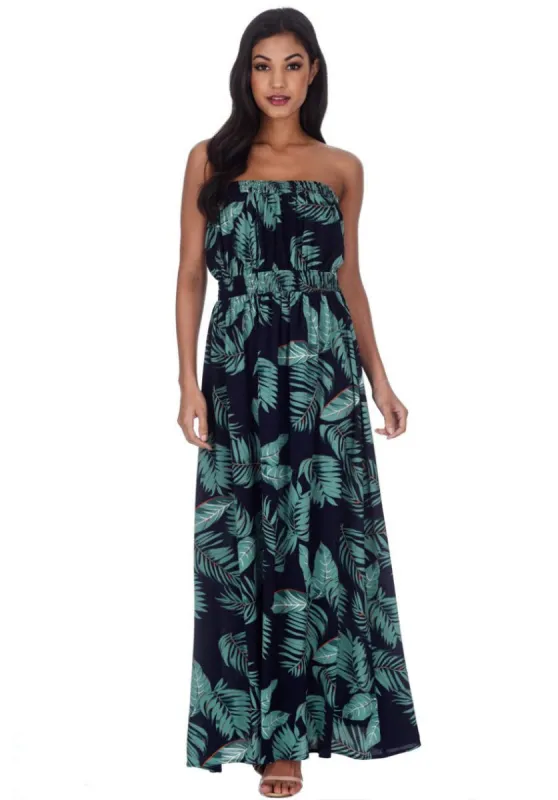 Navy Leaf Print Strapless Maxi Dress sold by AX Paris