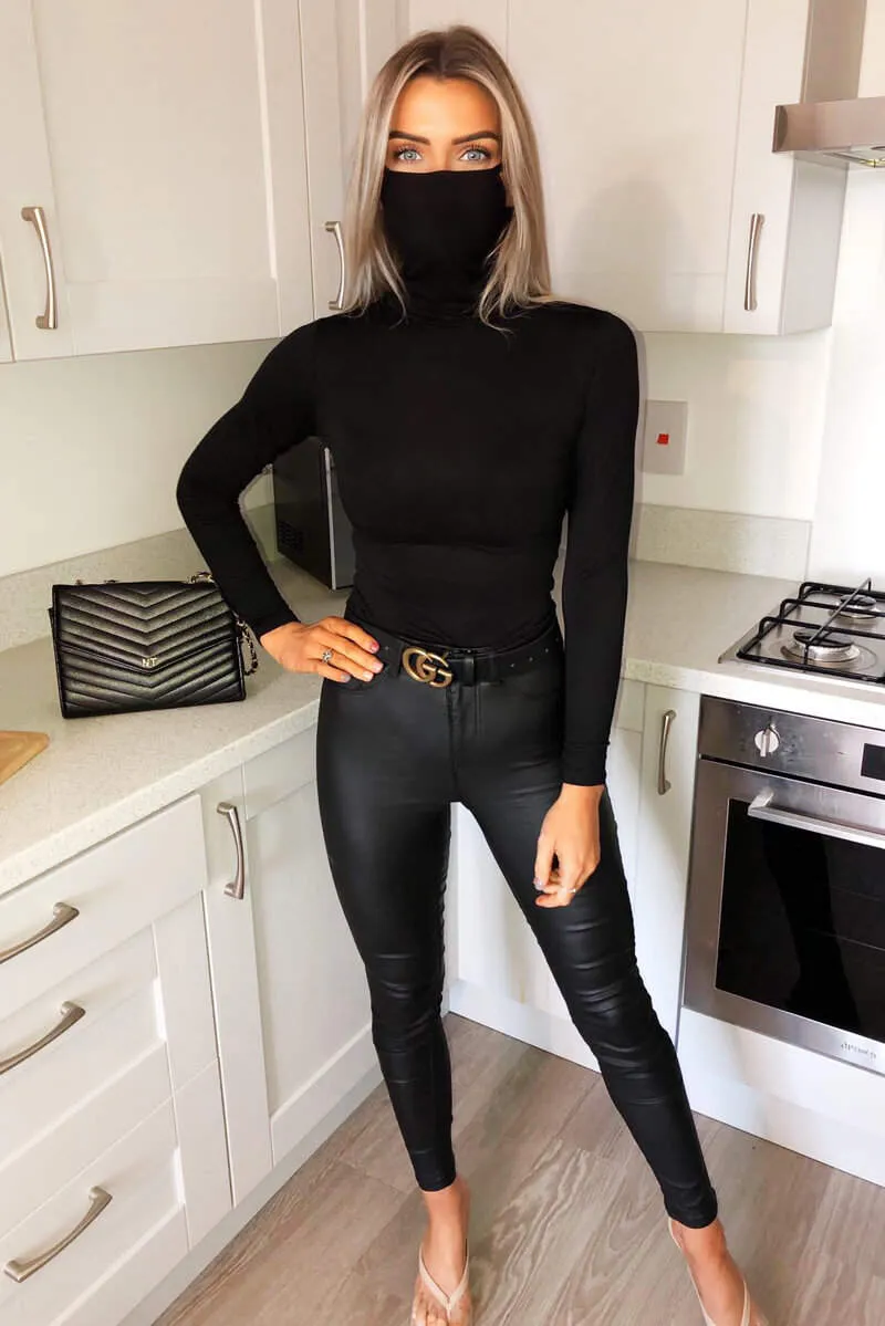 Black Jersey Long Sleeve Mask Bodysuit sold by AX Paris product image thumbnail 3