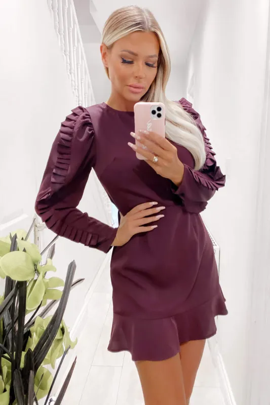 Plum Pleated Long Sleeve Skater Dress sold by AX Paris