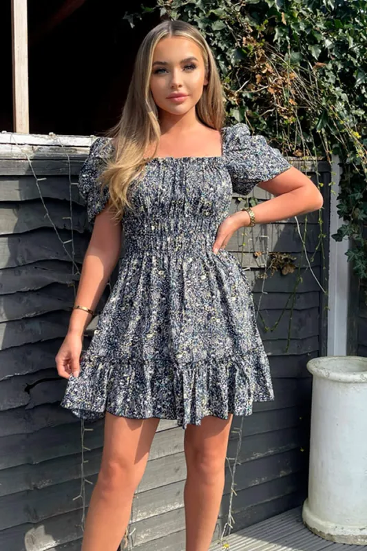 Navy Printed Puff Sleeve Shirred Mini Dress sold by AX Paris