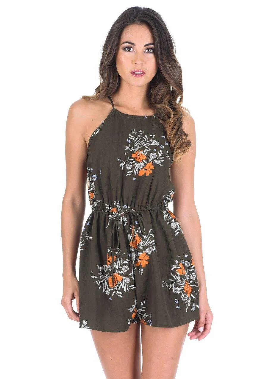 Khaki Floral Print Playsuit sold by AX Paris