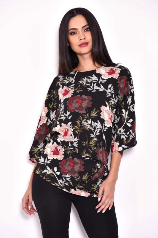 Black Floral Batwing Top sold by AX Paris