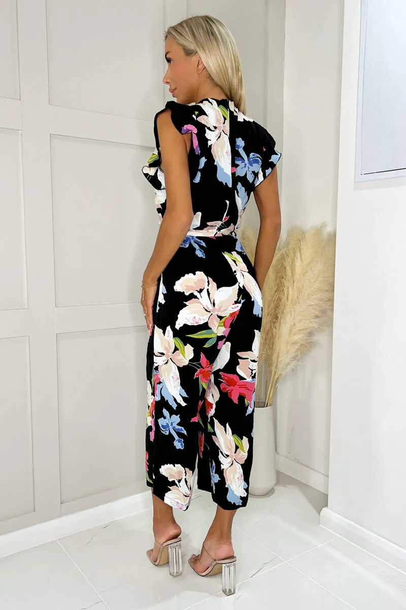 Black Floral Printed Wrap Front Belted Jumpsuit sold by AX Paris product image thumbnail 4