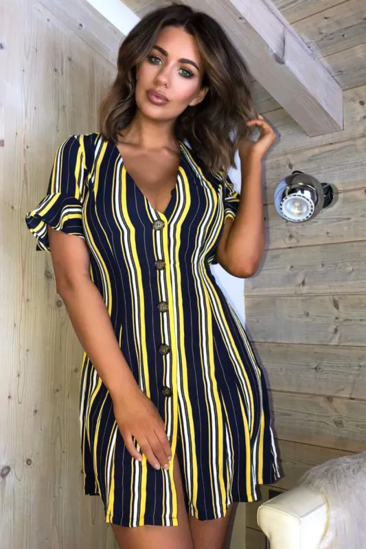 Navy Striped Print Button Up Midi Dress sold by AX Paris