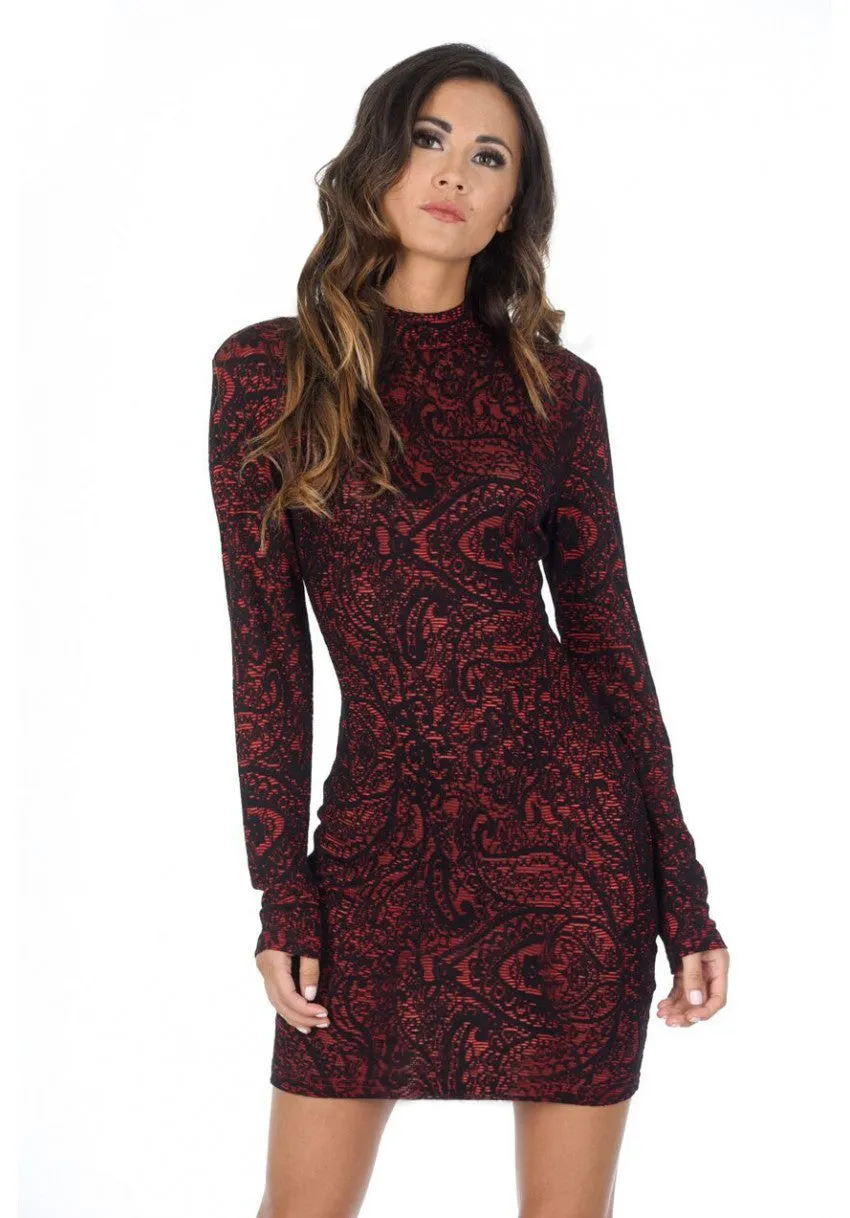 Red High Neck Long Sleeved Printed Bodycon Dress sold by AX Paris product image thumbnail 2
